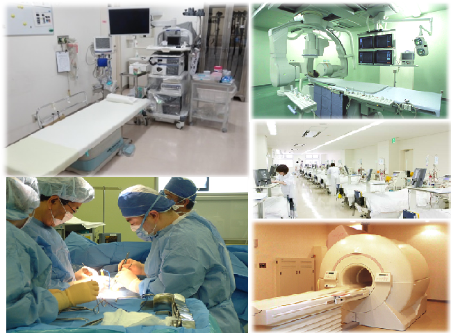 内視鏡室3室、ＭＲＩ、ＣＴ、血管造影システム、化学療法室、透析室（21床）等があります。